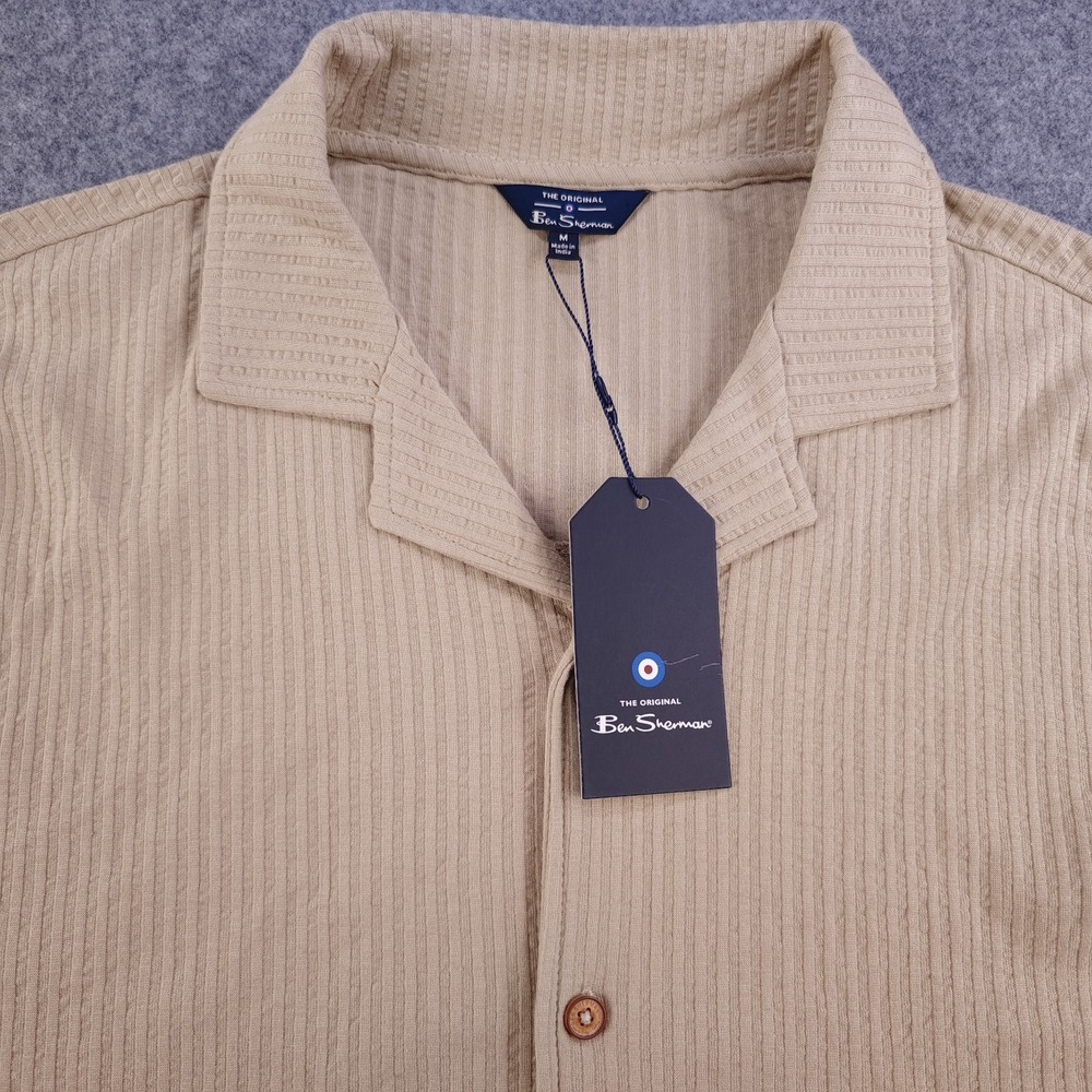 Ben Sherman Camp Shirt Medium NWT Beige Ribbed Short Sleeve Textured Cotton - Picture 2 of 9